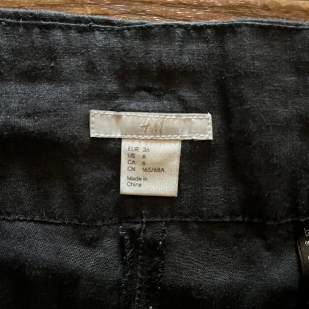 H&M 100% Linen Wide Leg Trousers Womens 6 Black Mid Rise Casual Pants